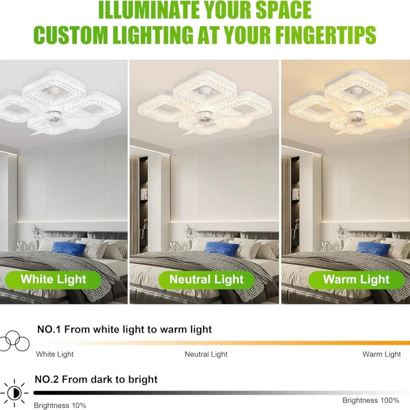 48W Ceiling Fan Light Dual Base Design Remote Control Stepless Dimmable 3 Speeds Timer LED Fan Lamp for Living Room Bedroom