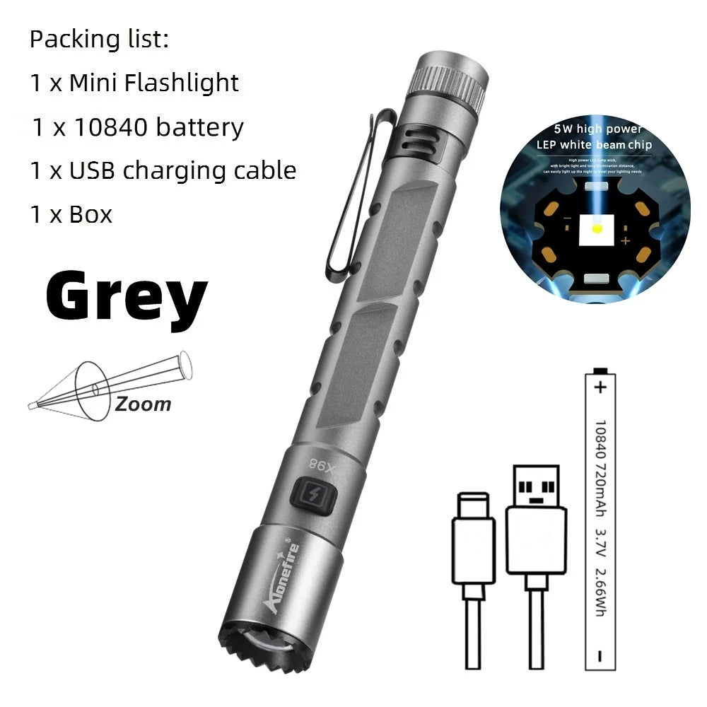 Alonefire Zoom Mini EDC Pen Light Flashlight USB Rechargeable Magnet Small Torch Outdoor Hiking Travel Camping Work Repair Lamp