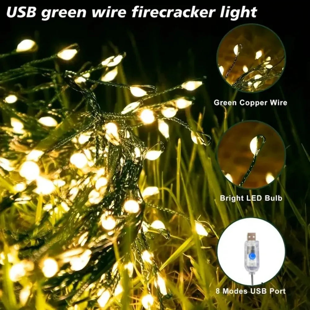 USB dark green LED firecracker light with 8 flashing modes for decorating Christmas trees, ceilings bedrooms, windows