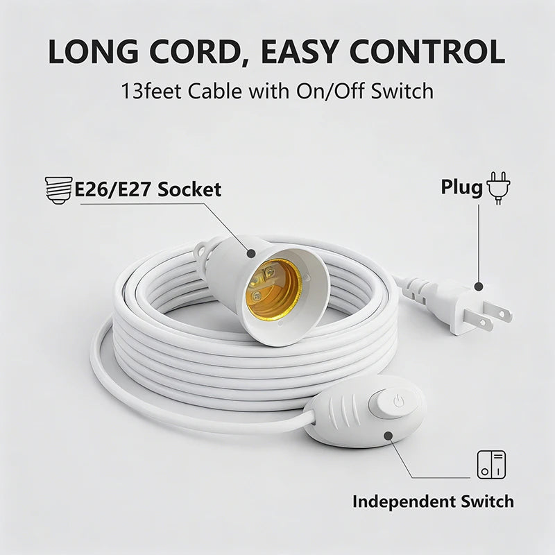 4M E26 E27 US Plug Lamp Base Power Cord Cable Hanging Pendant LED Light Fixture Socket Adapter With Switch Wire