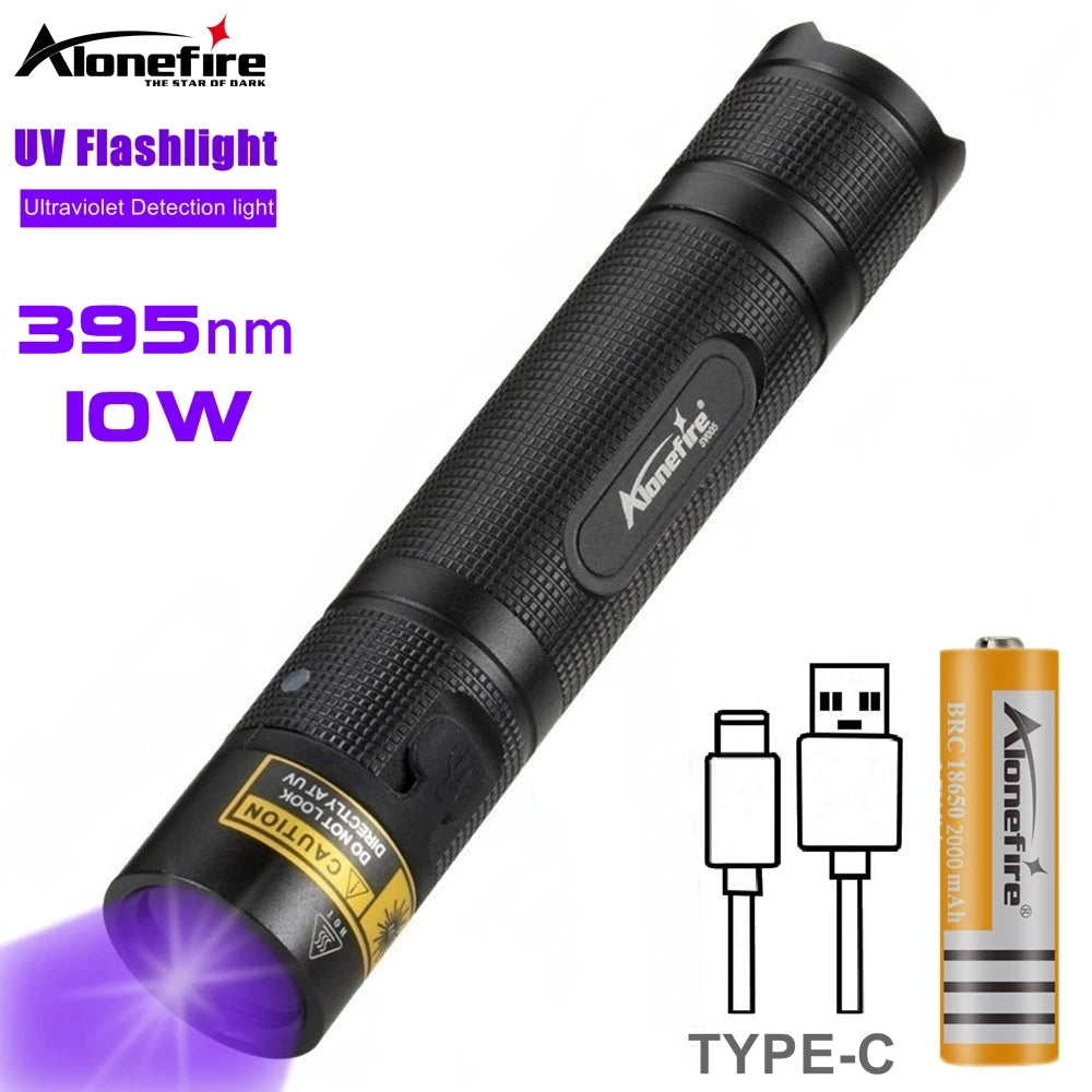 10W UV 395/400nm Led Flashlight USB Rechargeable High Power Glass Resin Curing Pet Stains Marker Scorpion Money Checker Light