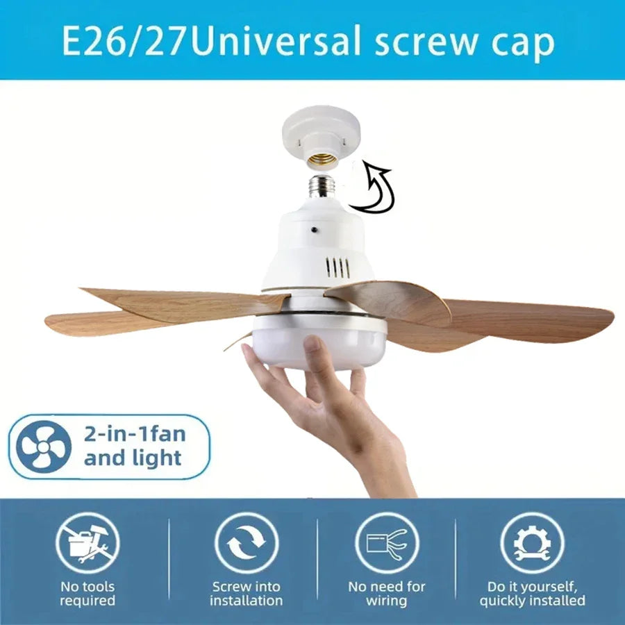 E26 E27 Screw-In LED Ceiling Fan Light with Remote Control, 40W Stepless Dimming 6 Wood Blades for Bedroom Study Office