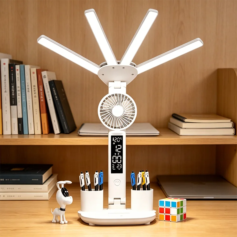 LED Rechargeable Table Lamp for Study, Desk Lamp Reading Light Led Table Light with Fan, Led Clock Dispaly Reading Lamp