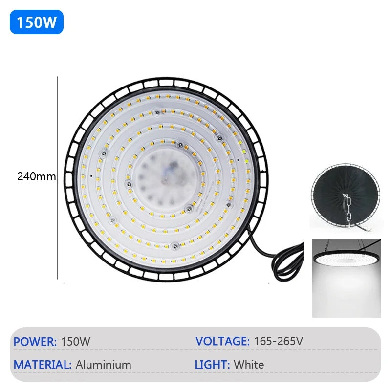 Super Bright 100/150/200W UFO LED High Bay Light Waterproof Commercial Industrial Market Warehouse Workshop Factory Garage Lamp