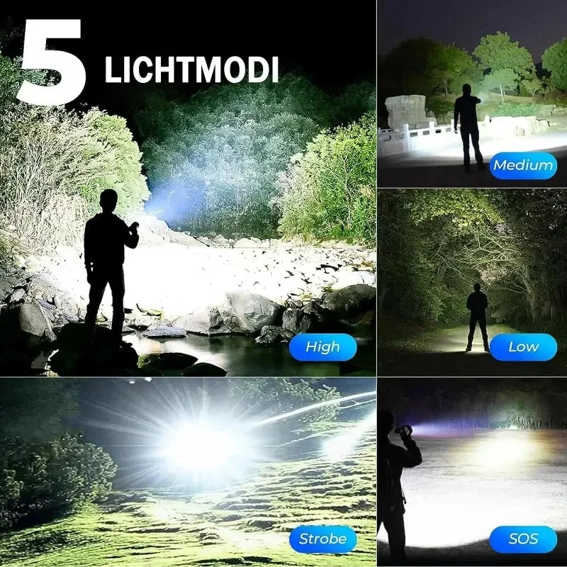 High Power LEP White Light Flashlight 3000 Meter Long Range 26650 Battery Type C Usb Rechargeable Tactical Portable Lantern