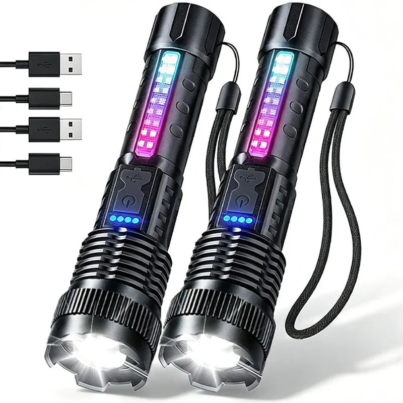 2pcs/set High Power LED Flashlight Strong Light Tactical Torch Rechargeable Portable Lamp Outdoor Emergency Camping Lantern