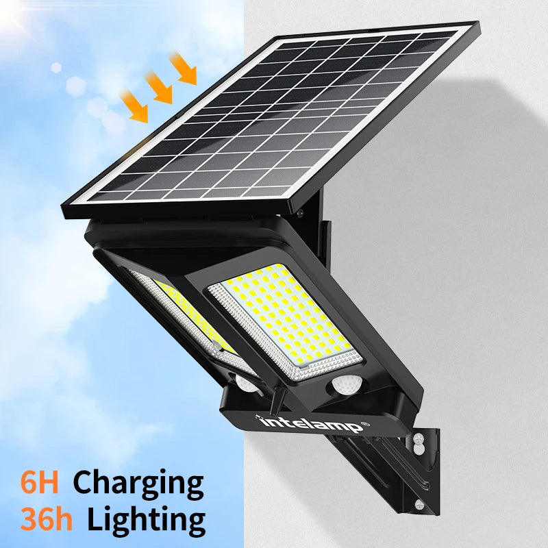 Intelamp Long Battery Life 12500Mah Super Bright Outdoor Solar Street Lights Larger Solar Panel Faster Charging Two Motion Sensors Detect Wider&Longer Range for Courtyard Walkway Garage Parking Lot