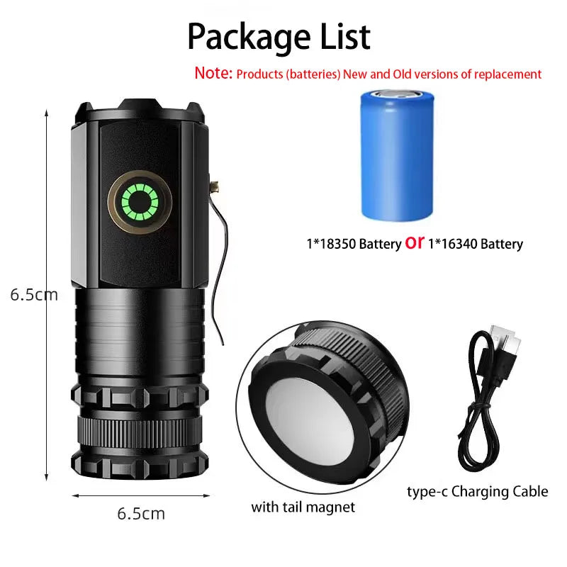 Flashlight Rechargeable EDC Torch Waterproof Hiking Camping Portable Flashlight 16340Battery with Pen Clip Tail Magnet