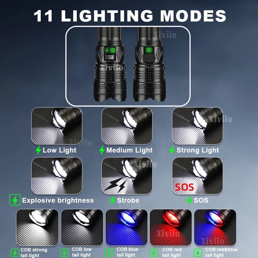 Most Powerful LED Flashlight USB Rechargeable Tactical Torch Light Ultra Bright Long Range Zoom Flashlights Fishing Camping Lamp