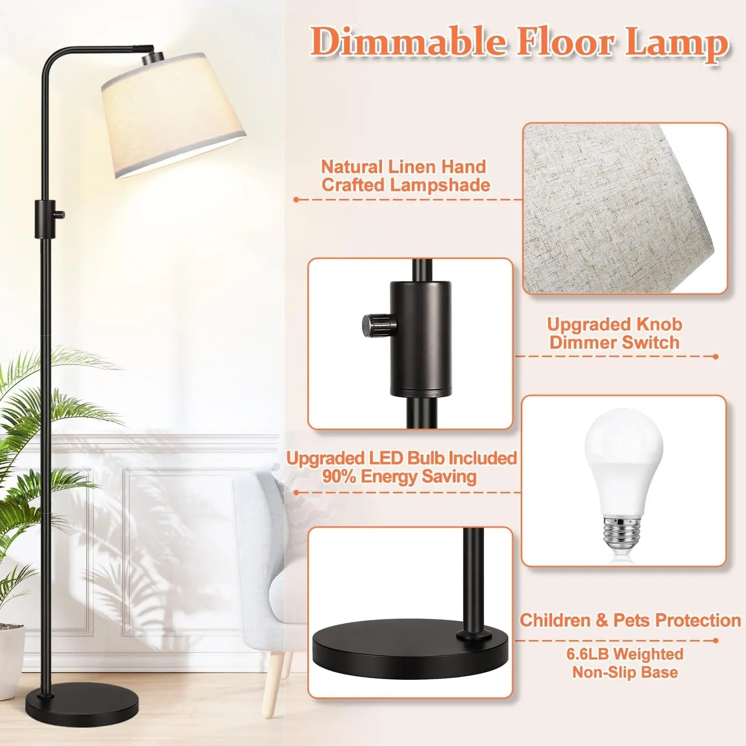 Upgraded Dimmable Floor Lamp, 1000 Lumens LED Bulb Included, Arc Floor Lamps for Living Room Modern Standing Lamp with Linen Shade, Tall Lamp for Bedroom Office Reading Dining Room- Black