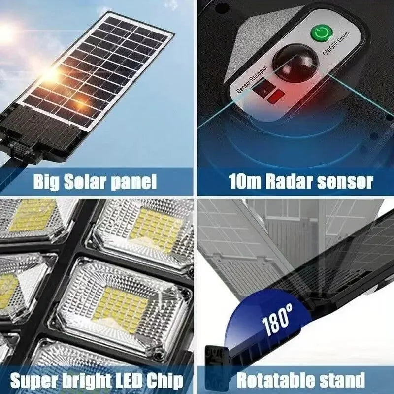 Solar Street Light, 12‑LED Outdoor Solar Flood Light with Monocrystalline Solar Panel, Motion Sensor, Remote Control, Timer & SOS Mode, IP44 Waterproof Wide‑Angle Solar Security Light for Yard, Garage, Farm, Pathway