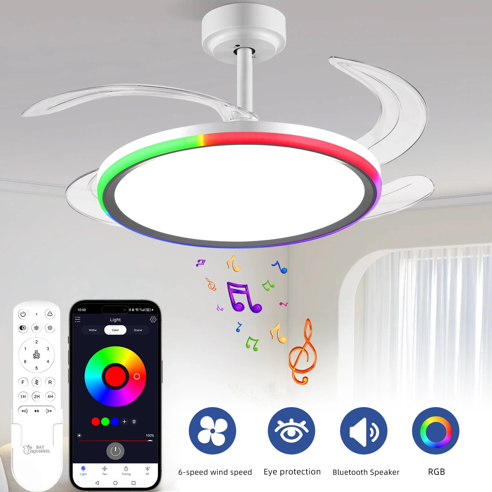 42-Inch Smart Retractable Ceiling Fan Light Breathtaking Lighting Effects, Full-Color RGB Dimming Strip with Memory Function, Bluetooth Speaker, and Convenient Control via App or Remote. Features a 6-Speed Reversible Fan for