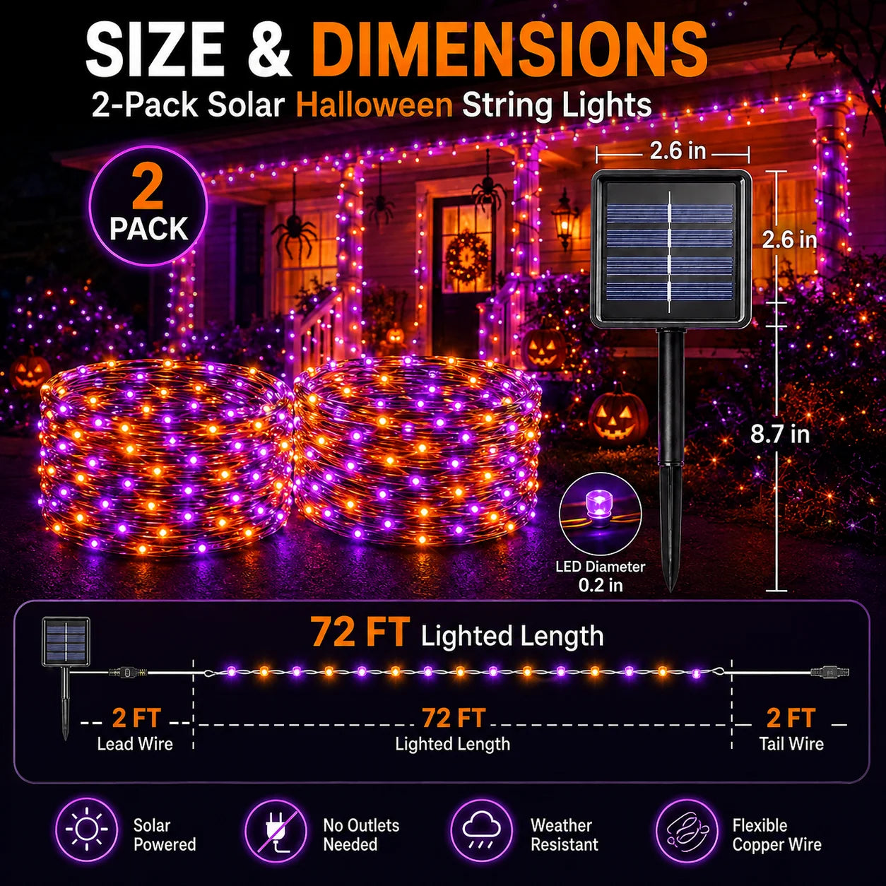 2 Pack Halloween Solar Powered String Lights Outdoor, 72FT 200 LED Solar Powered Decor with 8 Modes of Lighting, Purple and Orange Glow, IP65 Waterproof Design for Outdoor Garden Decor.