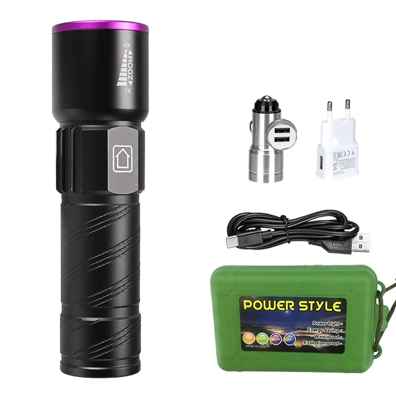 395nm LED UV Flashlight Rechargeable Zoomable Torch Light for Pet Urine Stain Detector Tools Lantern Money Fluorescer Detector