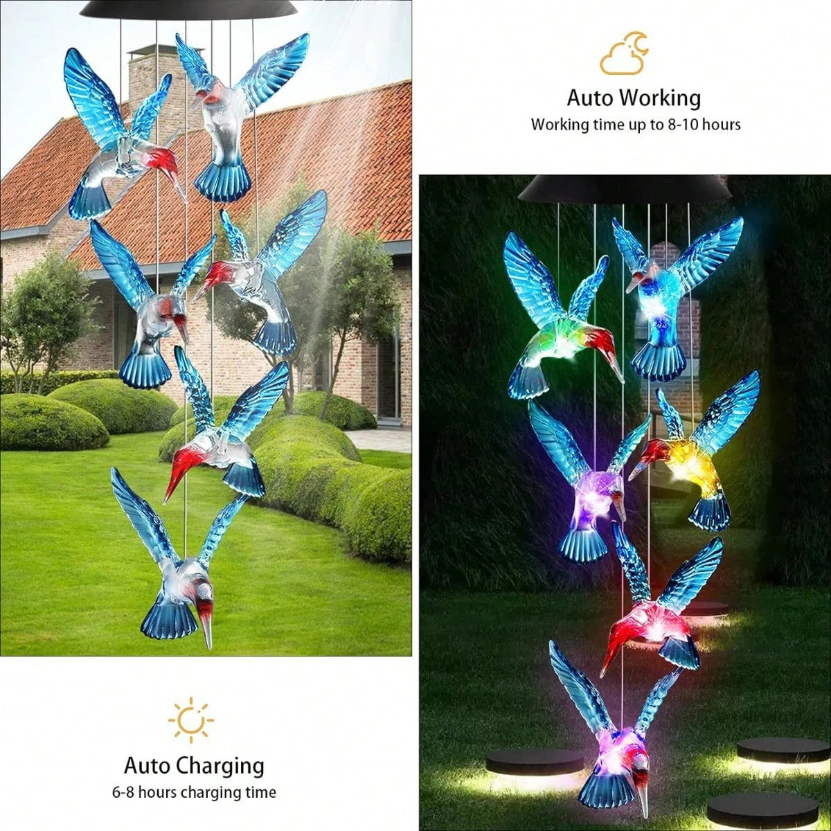 Hummingbird Solar Wind Chime Light LED Outdoor Solar Lantern Waterproof Automatic Changing Color For Home Garden Gift Christmas