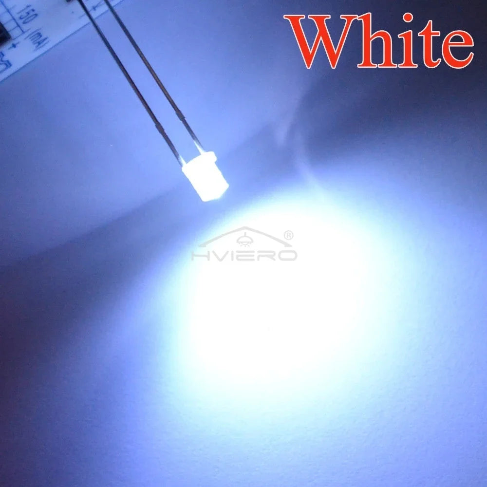 100Pcs F3 3mm 2pins Flat Emitting Diodes Lamp Ultra Bright LED Bulbs White Red Yellow Blue Green Pink Diode Led Wide Angle Light