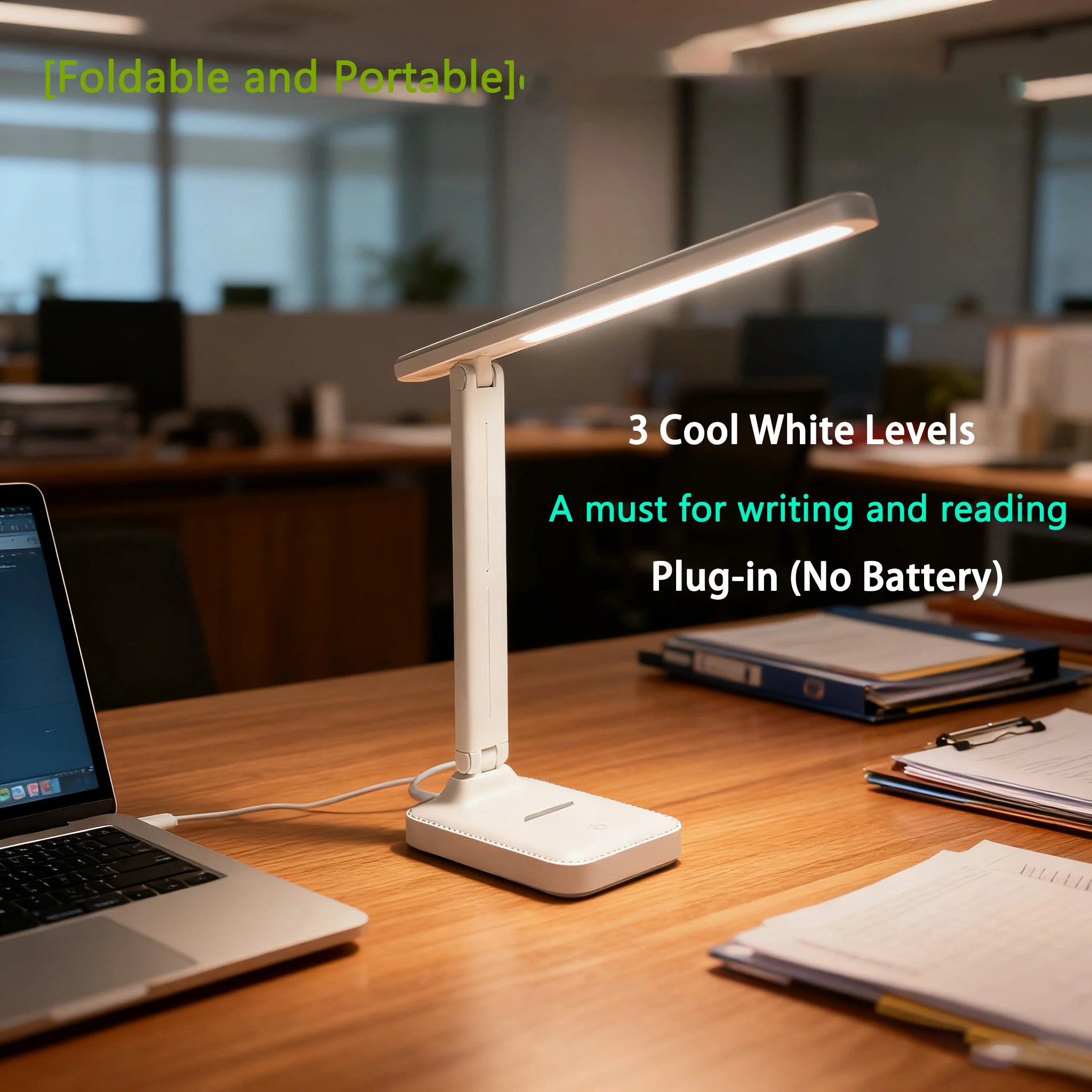 USB Powered Foldable LED Desk Lamp, 3-Level Dimmable Cool White, Fixed Angle Eye-Caring Light for Office Study Reading