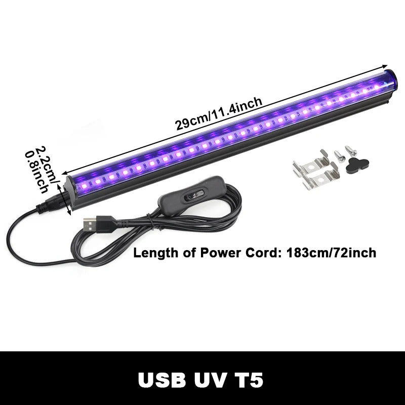 Black Light UV T5 T8 Tube 5V 6W Ultraviolet Lamp Bulb 395nm Blacklight Bar for Money Detector Halloween Party Disco Decor