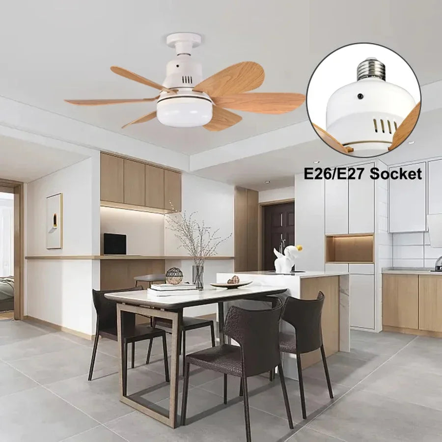E26 E27 Screw-In LED Ceiling Fan Light with Remote Control, 40W Stepless Dimming 6 Wood Blades for Bedroom Study Office