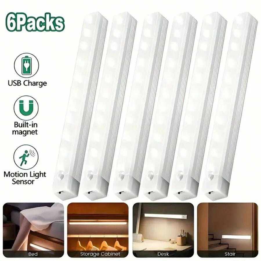 6pc Wireless Rechargeable LED Motion Sensor Cabinet Light - Ideal for Closet, Kitchen, Wardrobe, Stairs - Battery Operated Night