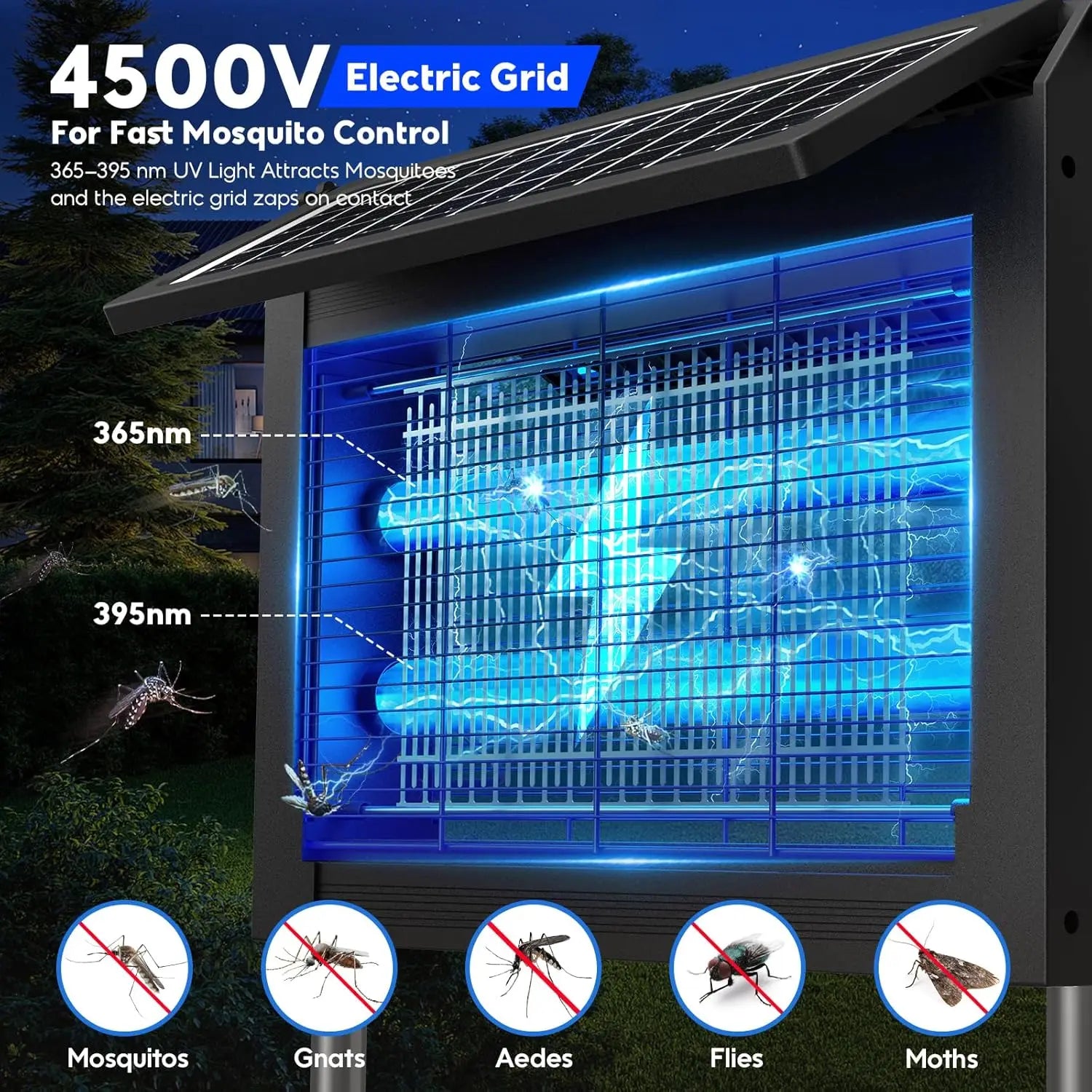 Solar Bug Zapper Outdoor, 4500V Electric Mosquito Zapper with Dual Solar Panels & USB Charging, IPX5 Waterproof Fly Trap