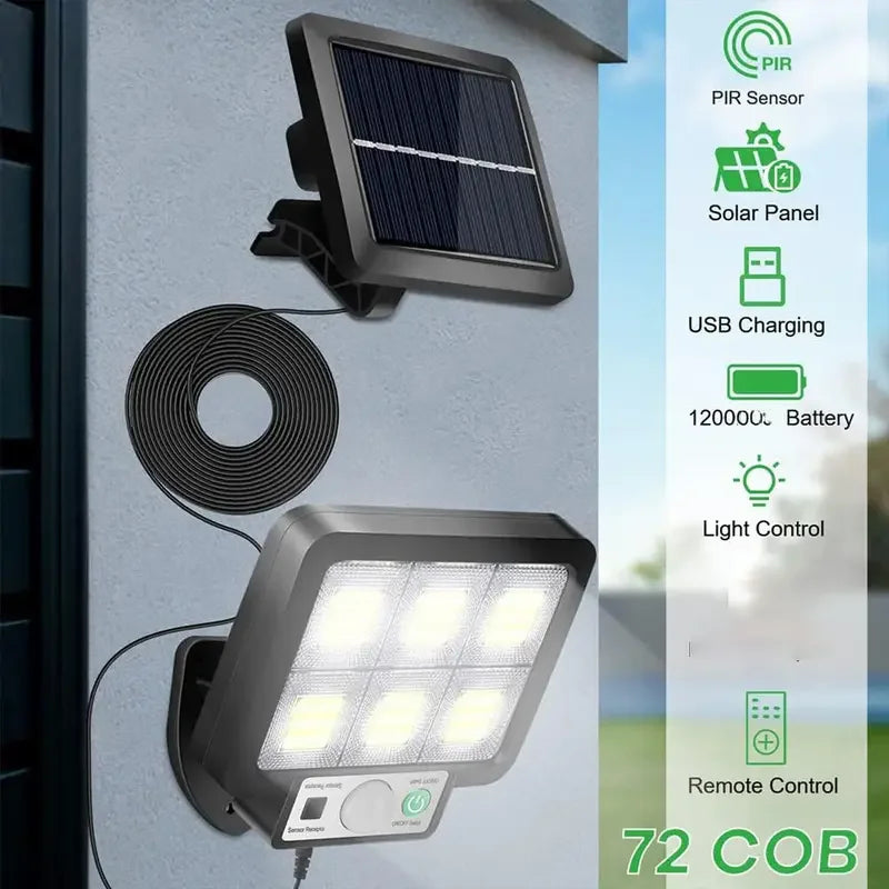 Split-Type Solar Light Motion Sensor 72 COB Wall Lamps Separate Indoor/Outdoor Garden Lighting Lamps with Remote Control