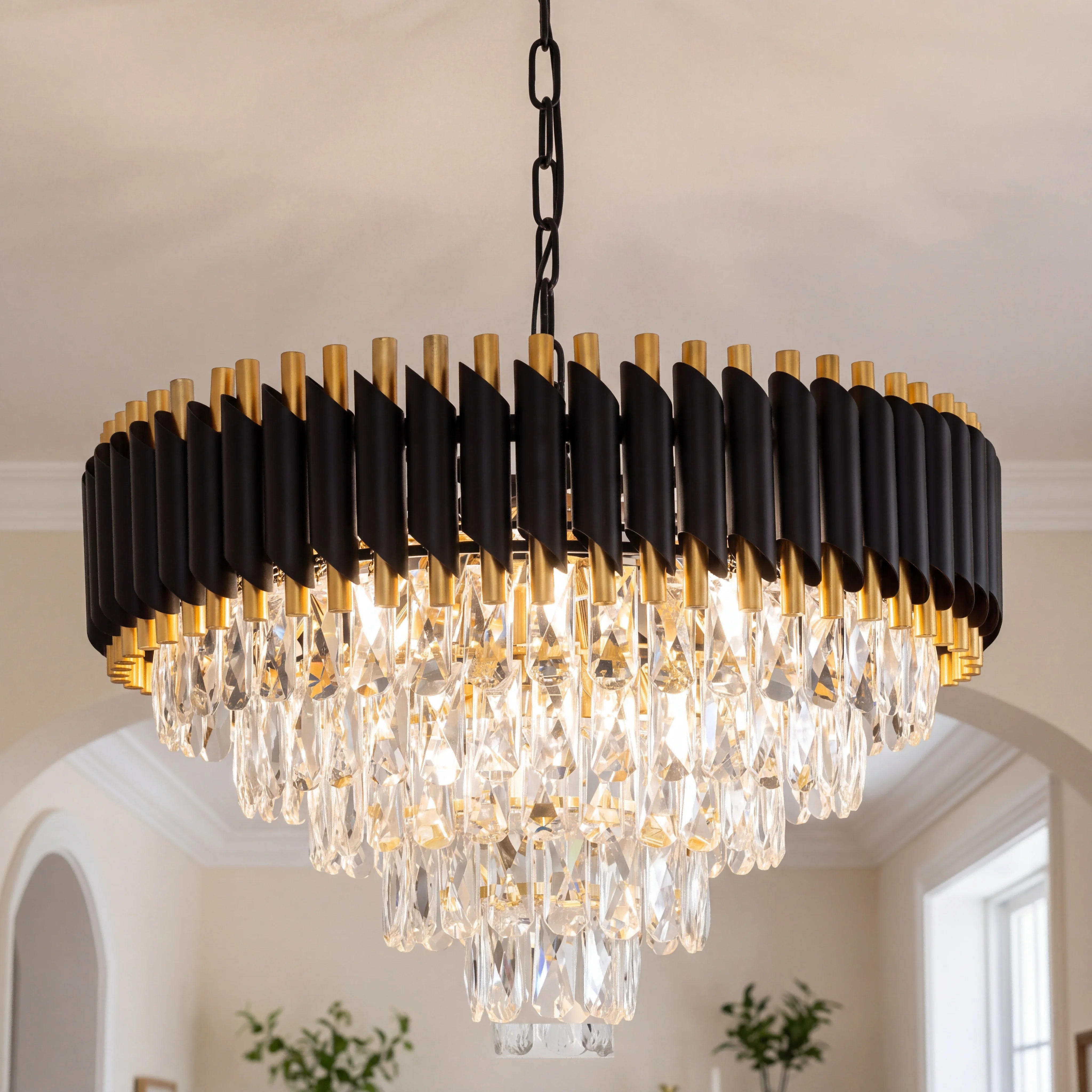 Modern Black & Gold Crystal Chandelier, Dimmable 5-Tier Round K9 Crystal Chandelier for Kitchen Island/Living Room/Bedroom