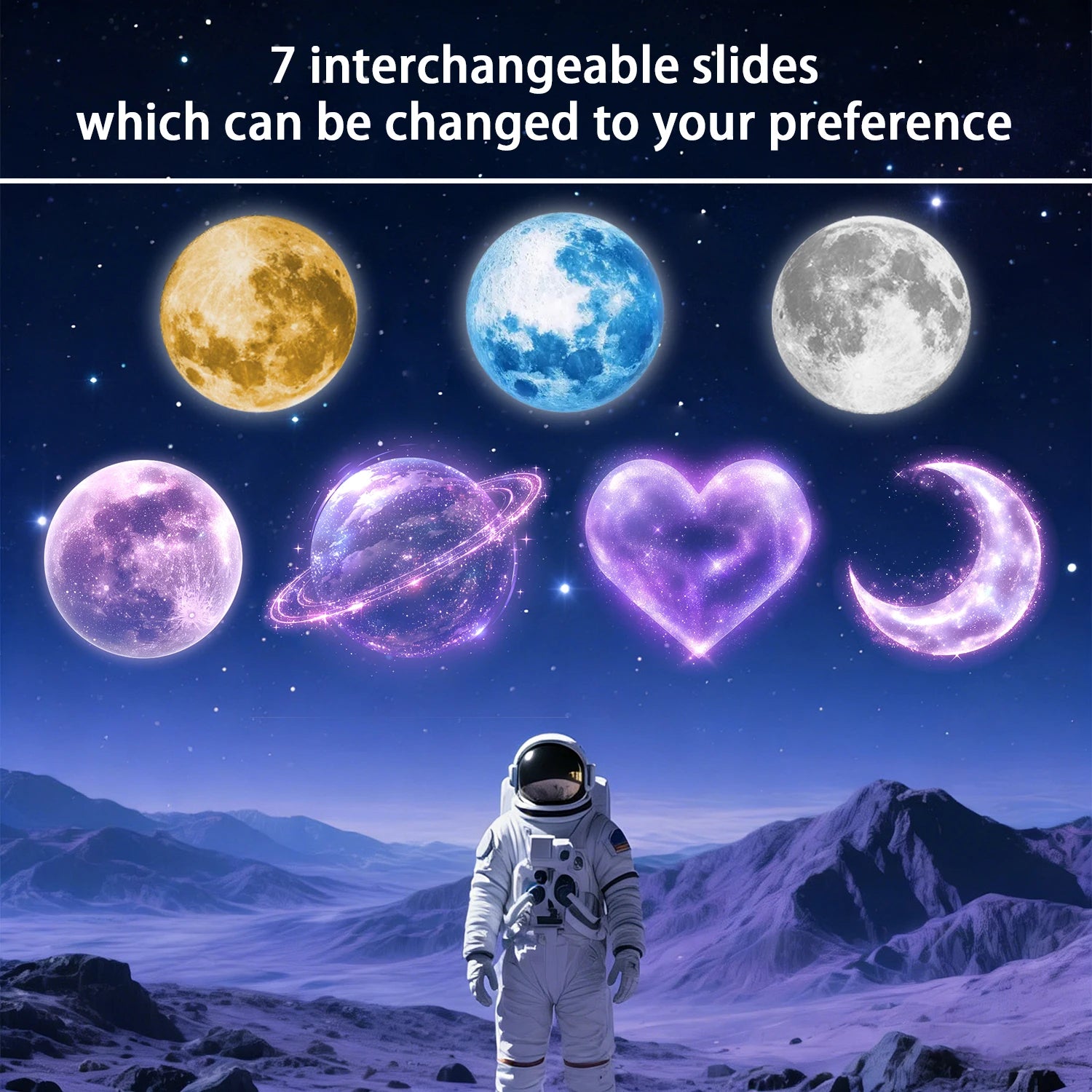 Seven Themed Projection Lights, Including Planet/Crescent Moon Patterns, for Use as Ambient Ceiling Lights.