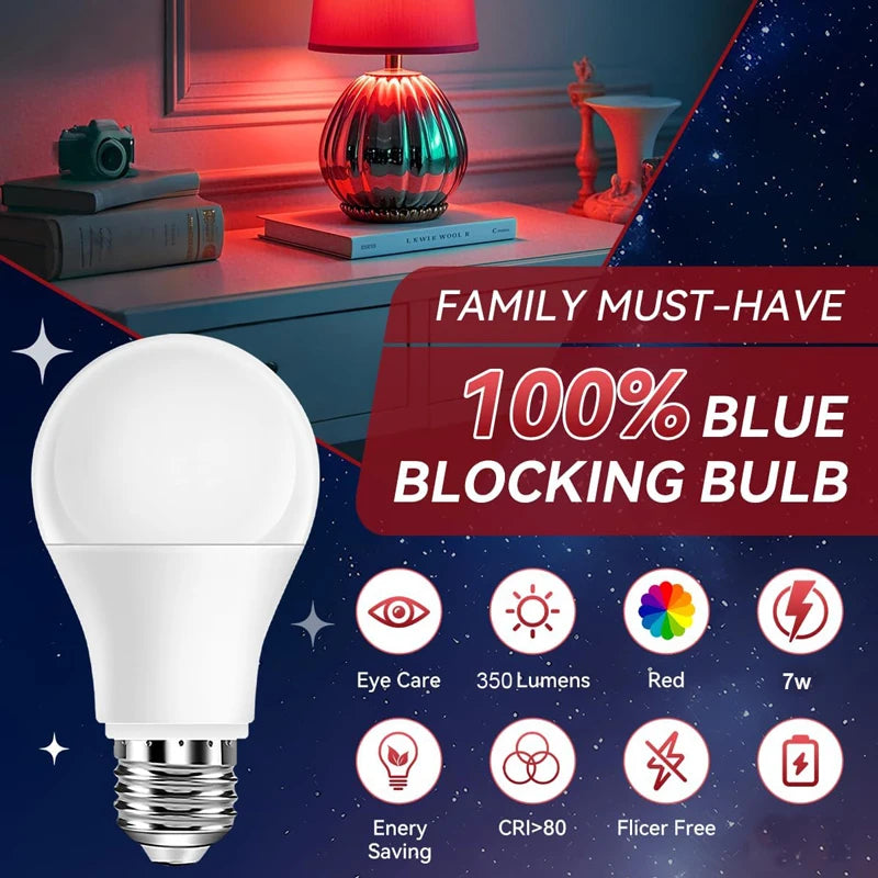 630nm Red Light Bulb for Sleep 7W E27 100% Blue Light Blocking Promotes Melatonin Production Ideal for Bedroom Sleep