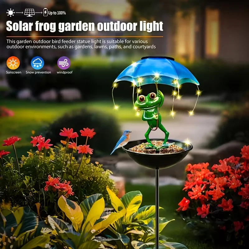 Solar Powered Frog Garden Lamp with LED String Lights Automatic Outdoor Bird Feeder and Hummingbird Feeding Trough for Yard Lawn
