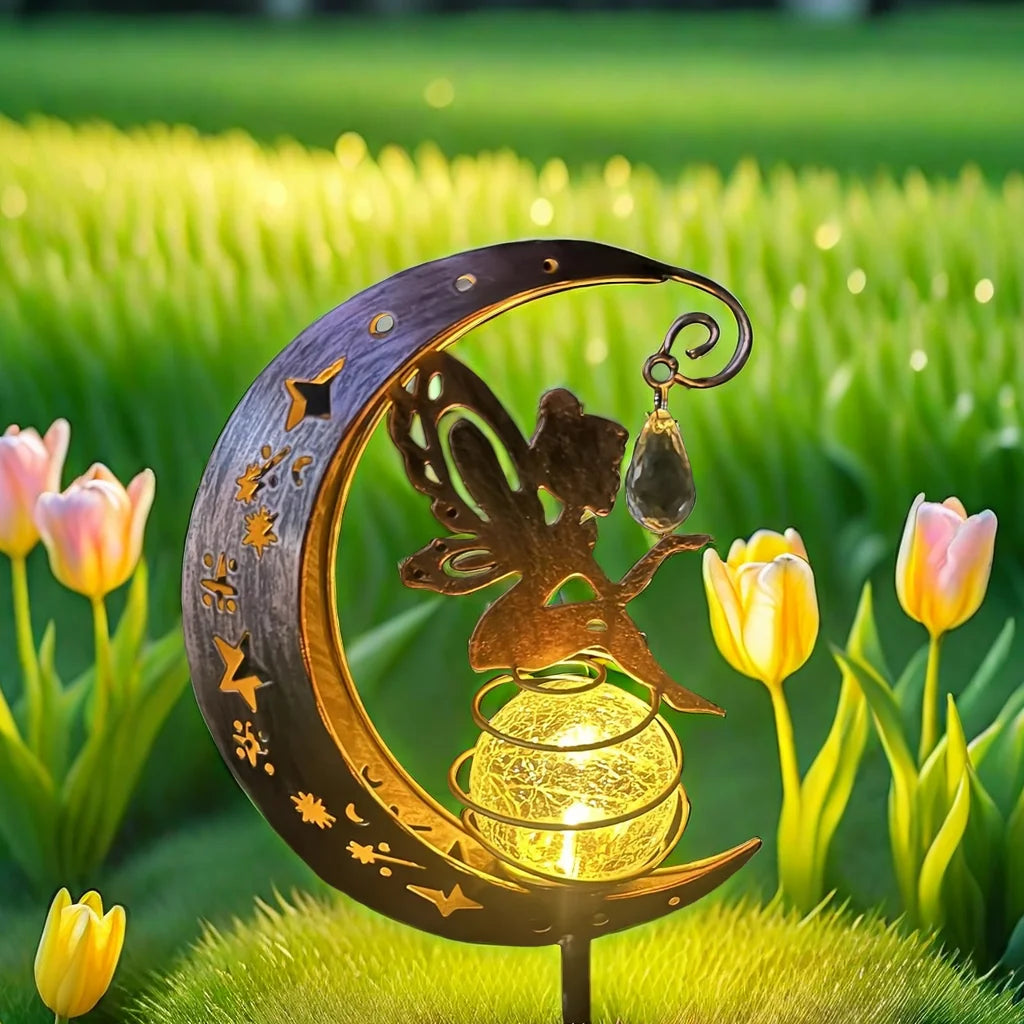 1pc Moon-Shaped Solar-Powered Metal Fairy Lantern - Waterproof LED Landscape Light Perfect for Patio and Yard Decor