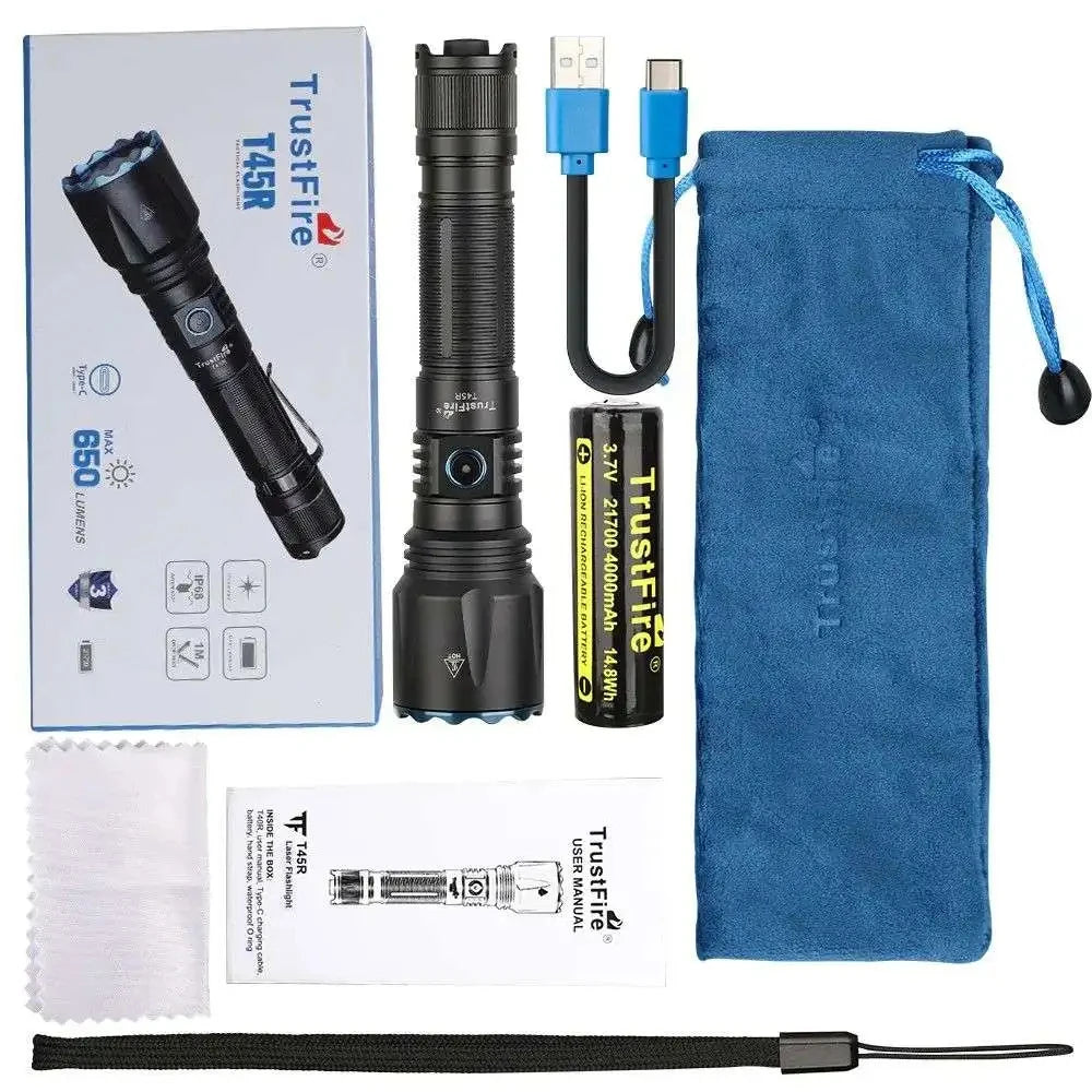 Trustfire T45R 1695 Meter Light Distance LEP Tactical Flashlight 650 Lumen La-ser High Power Led USB Flashlight Rechargeable Self Defense LEP Torch With Remote Rattail Pressure Switch