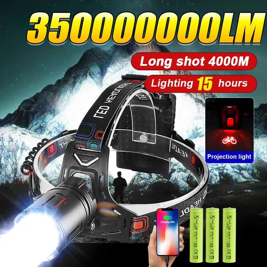 350000000 Ultra Powerful LED Headlamp Super Bright 4000M Head Flashlight Rechargeable Head Torch Fishing Hunting Headlight 18650