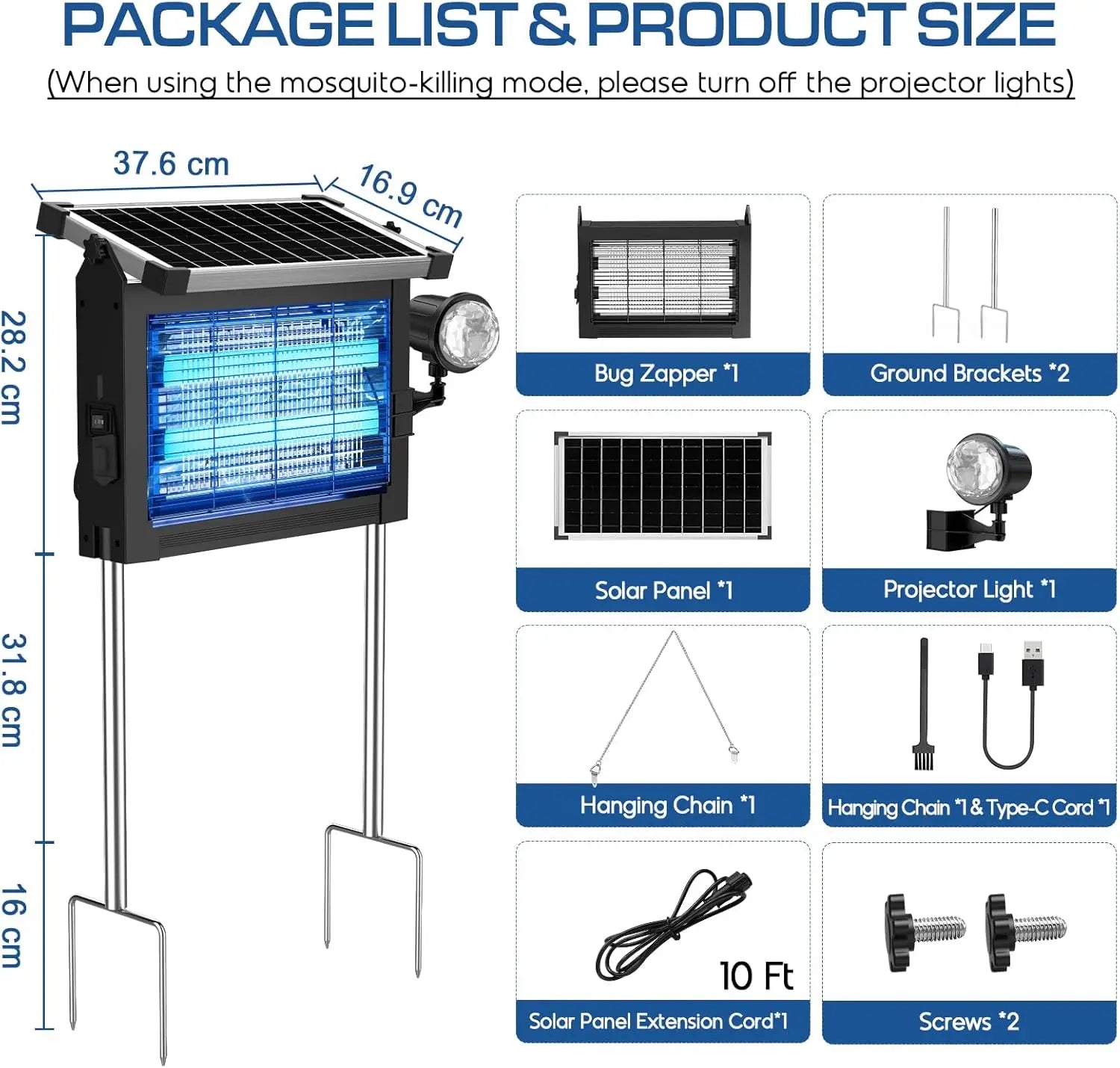 Solar Bug Zapper 4500V, 2-in-1 Rechargeable with Projection Light, IP66 Waterproof, Type-C Charging, for Patio, Yard & Camping