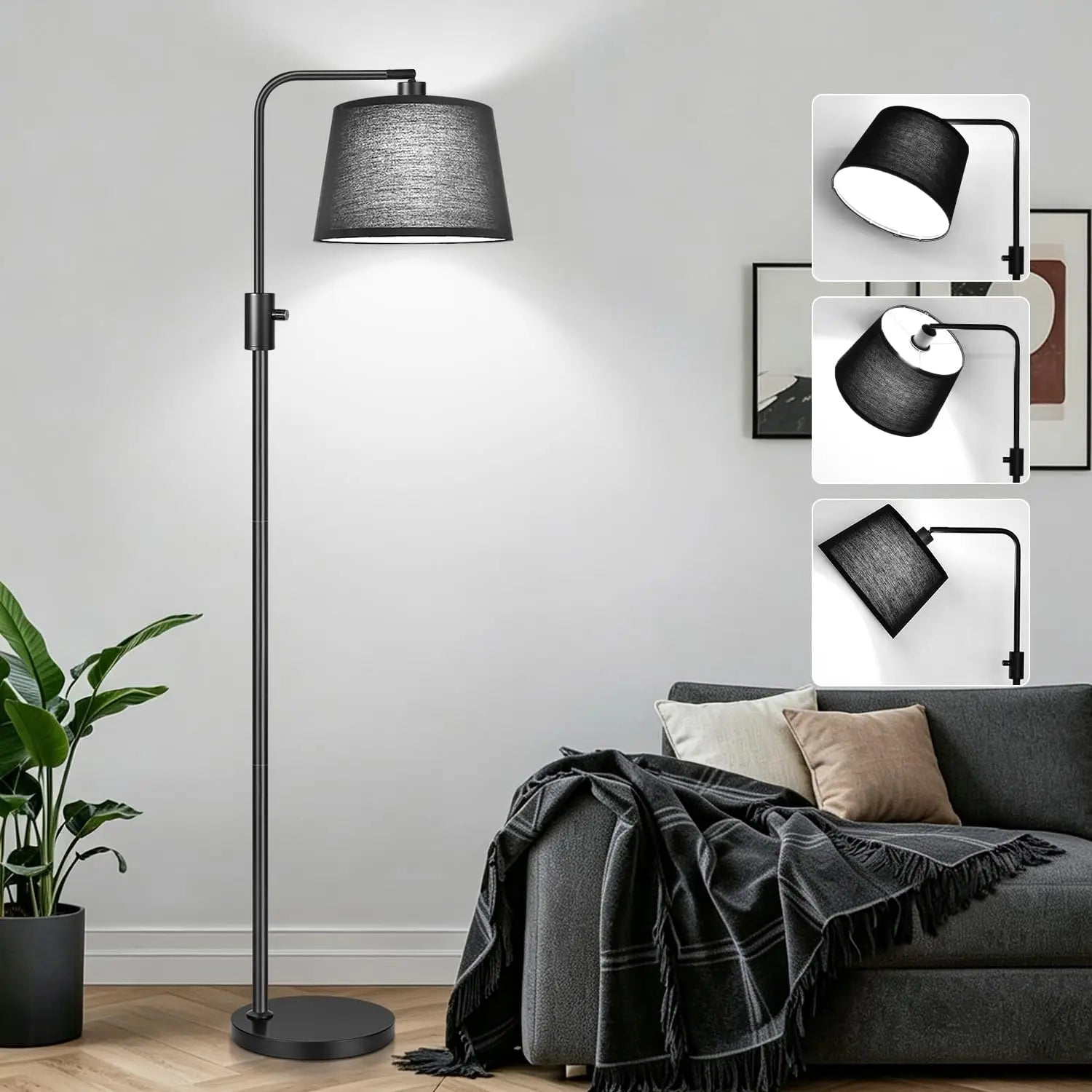 Upgraded Dimmable Floor Lamp, 1000 Lumens LED Bulb Included, Arc Floor Lamps for Living Room Modern Standing Lamp with Linen Shade, Tall Lamp for Bedroom Office Reading Dining Room- Black
