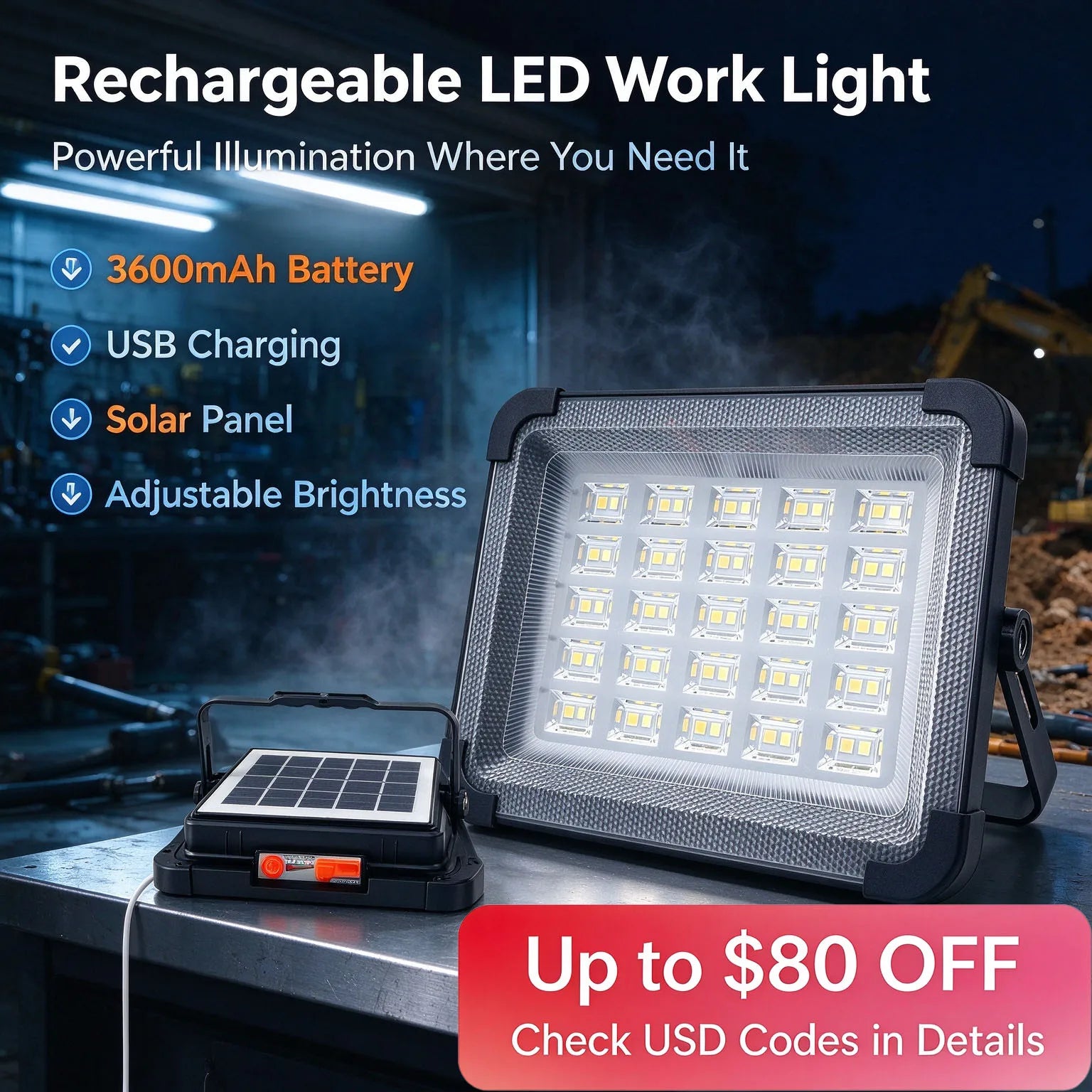2 Pack/1Pack Rechargeable LED Solar Work Light，Portable Floodlight with 3600mAh Battery, Ideal for Camping, Emergency Power