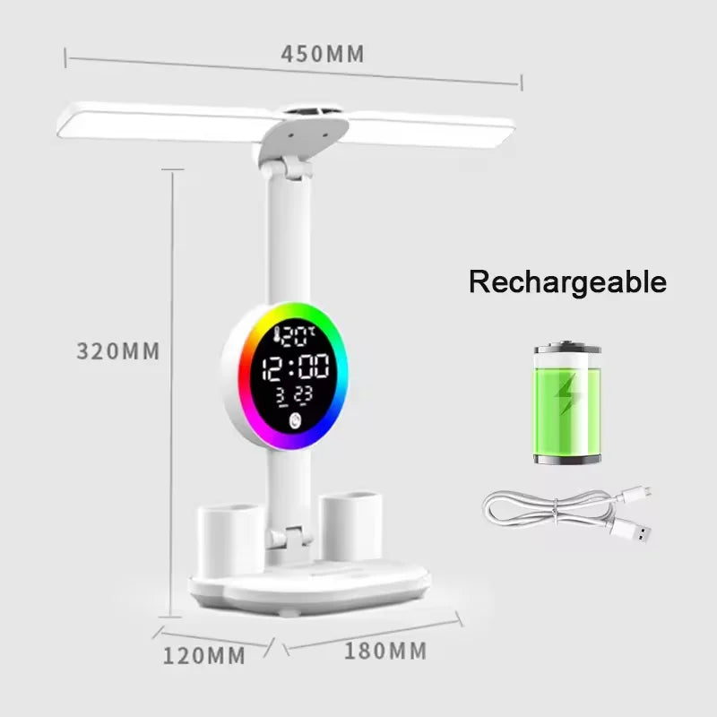 Double-Headed LED Table Lamp Dimmable Desk Lamp with Calendar Clock Foldable Eye Protection Reading Night Light