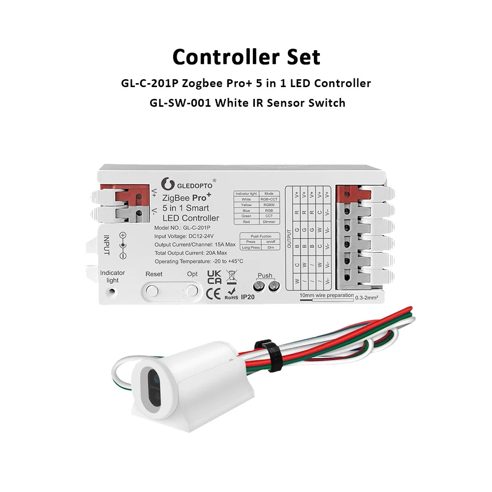 GLEDOPTO ZigBee 5 in 1 LED Controller 20A Max RGBCCT RGBW RGB CCT DIM Smart Life APP Alexa Voice Control with IR Sensor Switch