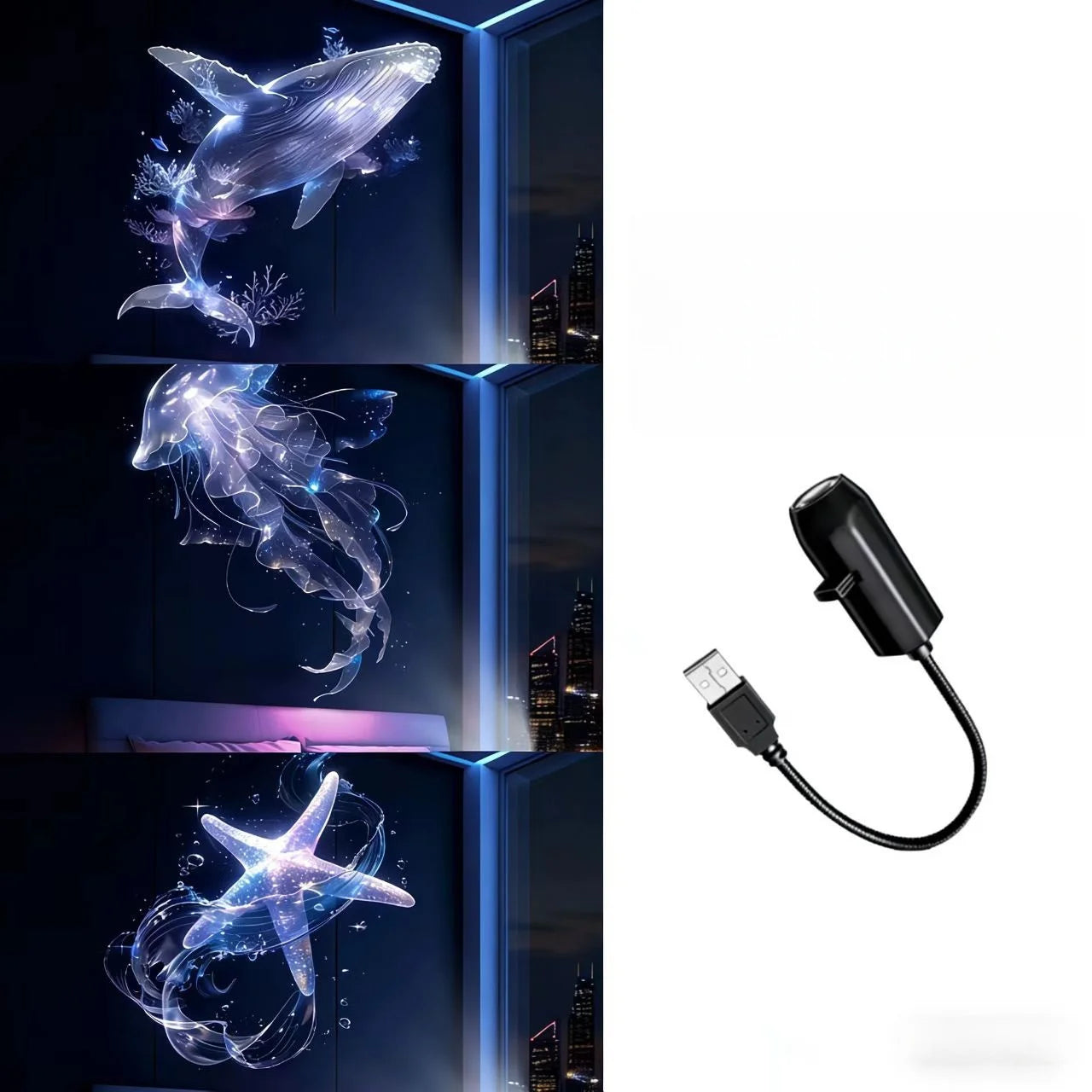 LED USB Projector Light 1/3/6pcs Projection Patterns-Adjustable Whale Butterfly Star Night Light Christmas Halloween Decoration
