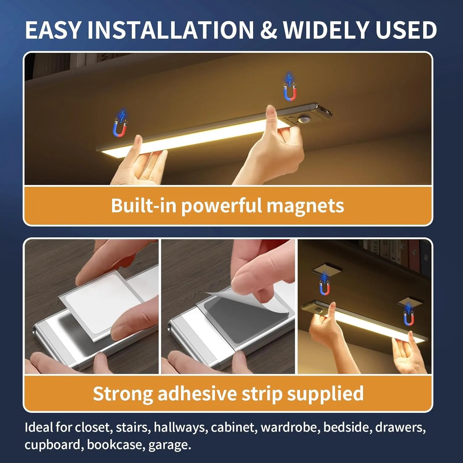 Wireless USB-C Rechargeable Under Counter Lights 3 Color Temperatures & Adjustable Brightness 76 LED Operated Motion Sensor Light Indoor  Magnetic Mount for Kitchen 1500Mah USB Rech 9.6inch Under Cabinet Lights Under Cabinet