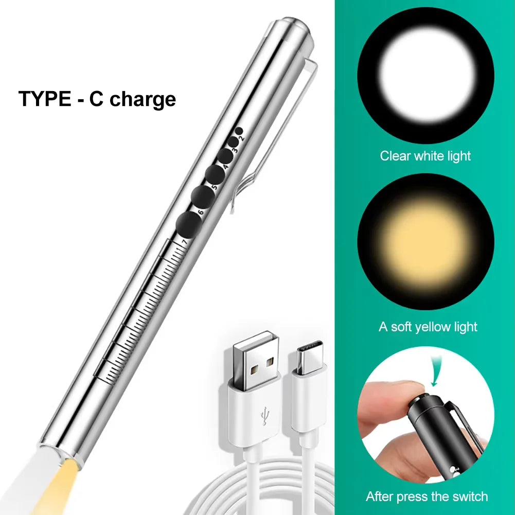 Mini Portable Penlight LED Flashlight Oral Pupil Medical Handy USB Rechargeable Stainless Steel Torch Light Outdoor Fishing Tool