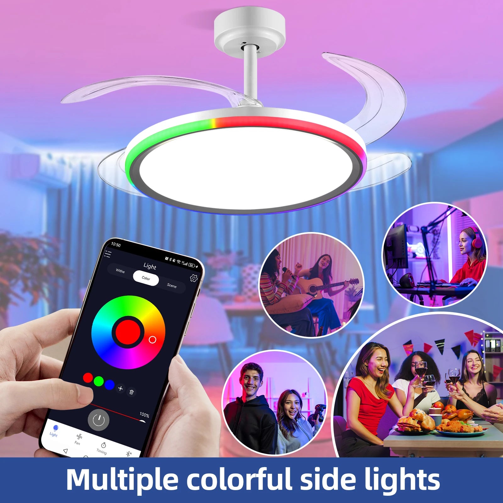 42-Inch Smart Retractable Ceiling Fan Light Breathtaking Lighting Effects, Full-Color RGB Dimming Strip with Memory Function, Bluetooth Speaker, and Convenient Control via App or Remote. Features a 6-Speed Reversible Fan for
