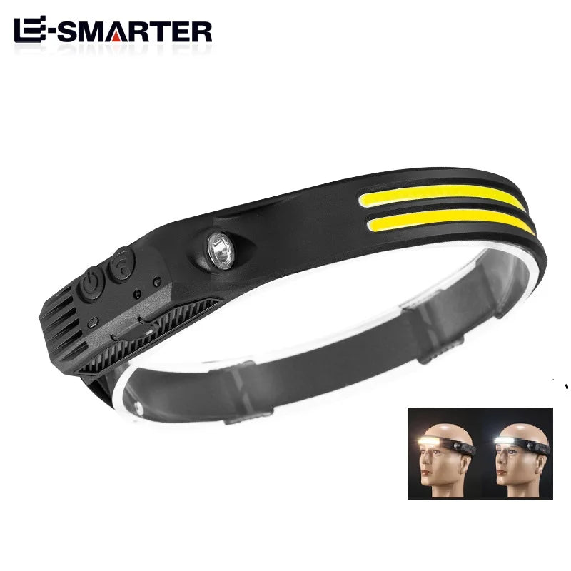 COB LED Sensor Head Lamp Induction Headlamp Built-in Battery Flashlight USB Rechargeable Head Torch 5 Lighting Modes Headlight