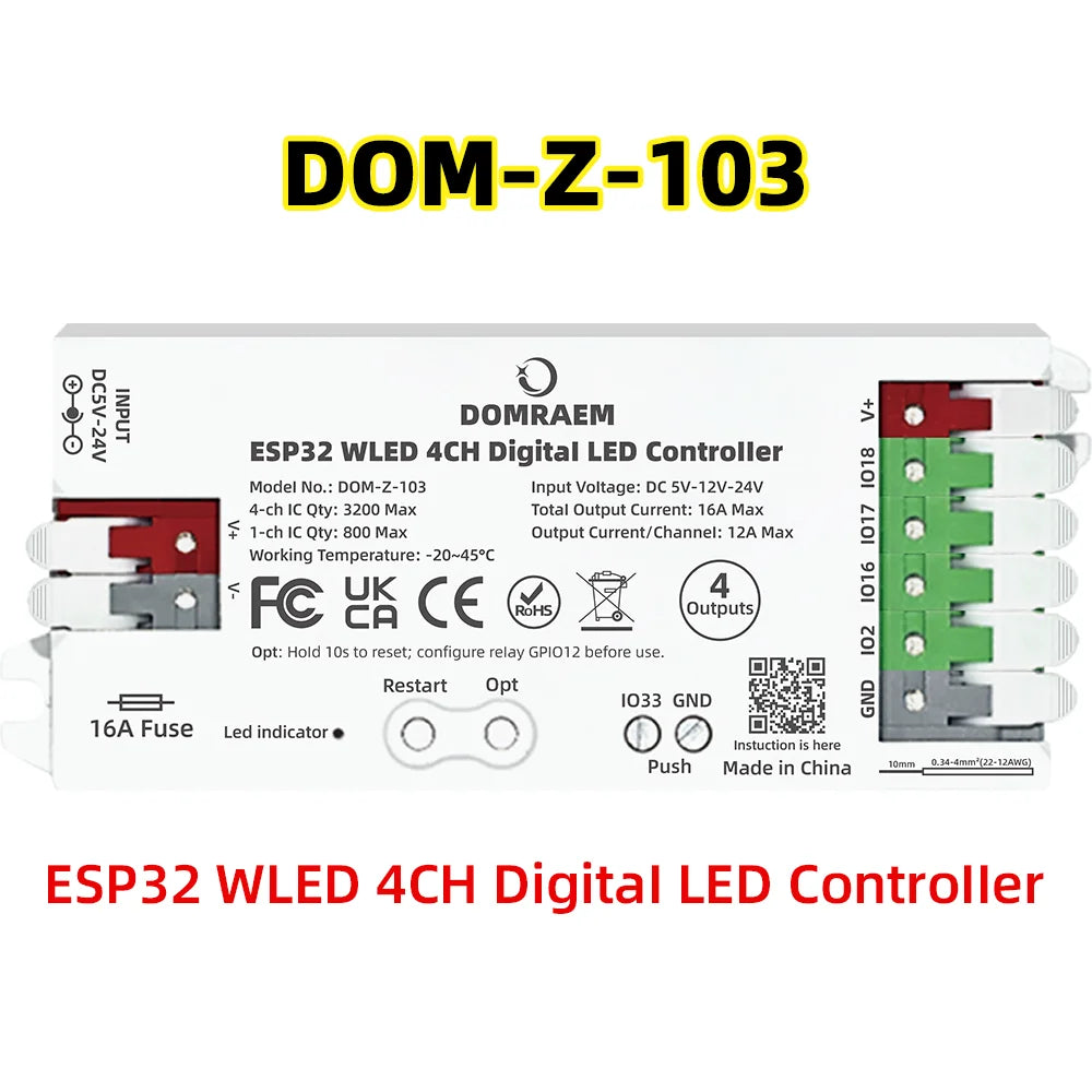 DOMRAEM ESP32 WLED Controller 4-Output 16A Fuse Level Shifter Low Power for WS2811/12B/05/SK6812 Addressable RGB Pixel Lights