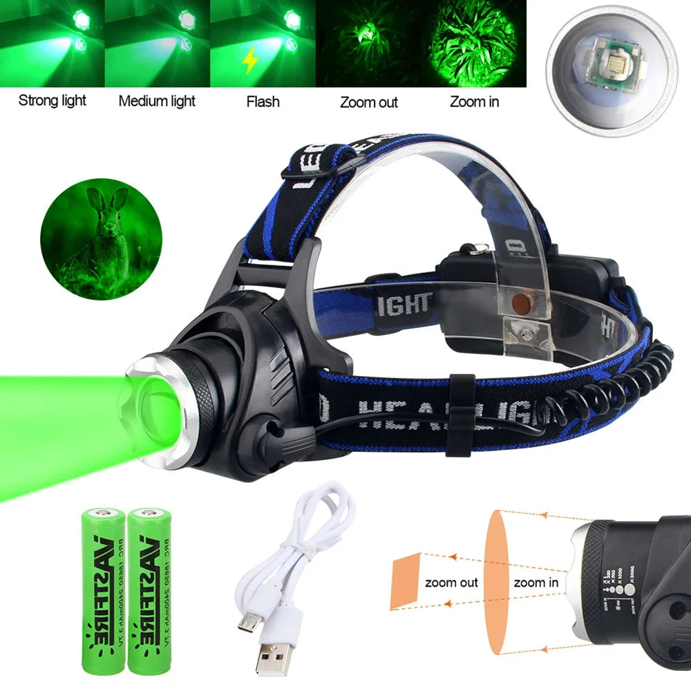 Headlamp Red Light Green Head LED Flashlight Outdoor XPG Headlight Tactical Camping Hunting Fishing Zoomable Fishing Headlamp