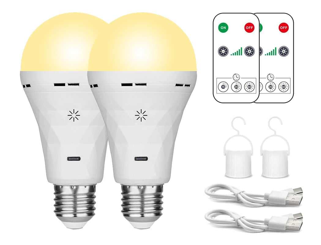 USB LED Bulb，E27 Rechargeable Light Bulbs，Emergency Lightbulbs Warm with Timer Dimmable for Wall Wireless Sconce，（2pake）