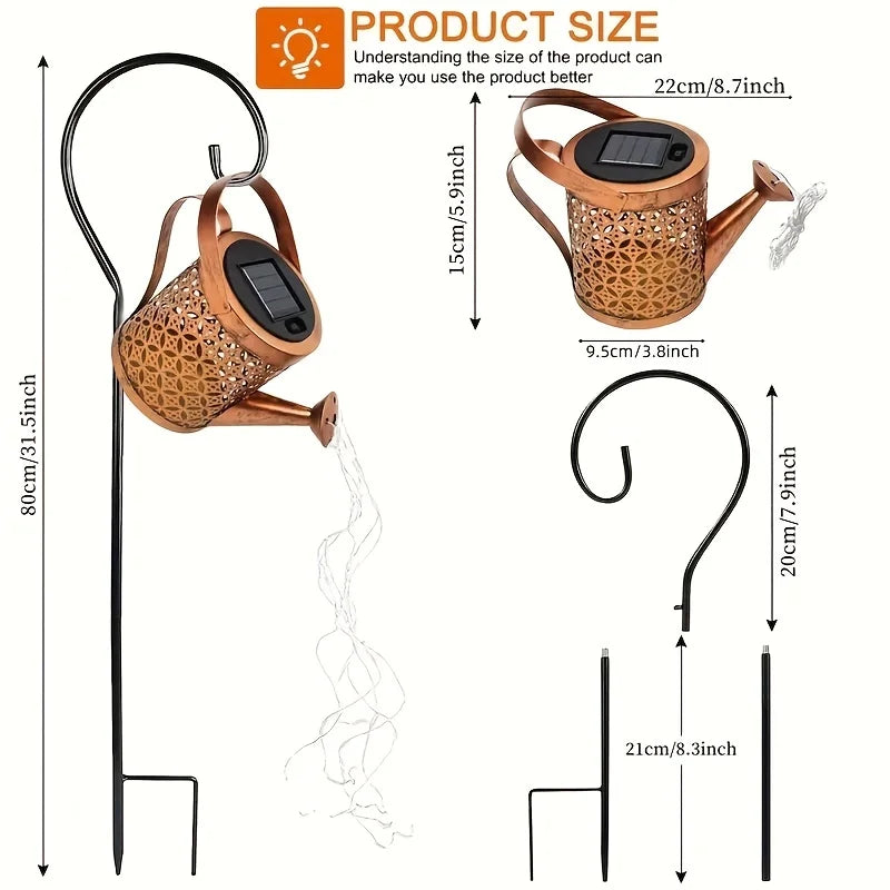 Metal Lantern Solar Watering Can Light - Outdoor Waterproof Shower Lights for Garden Decorations LED Fairy Art Decorative Lights