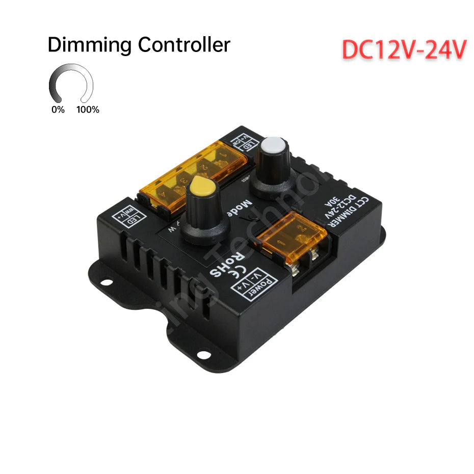CCT LED Strip Dimmer Controller DC12V-24V 30A 360W - Knob Adjustable PWM Brightness with ON/OFF Switch for Monochrome Lights