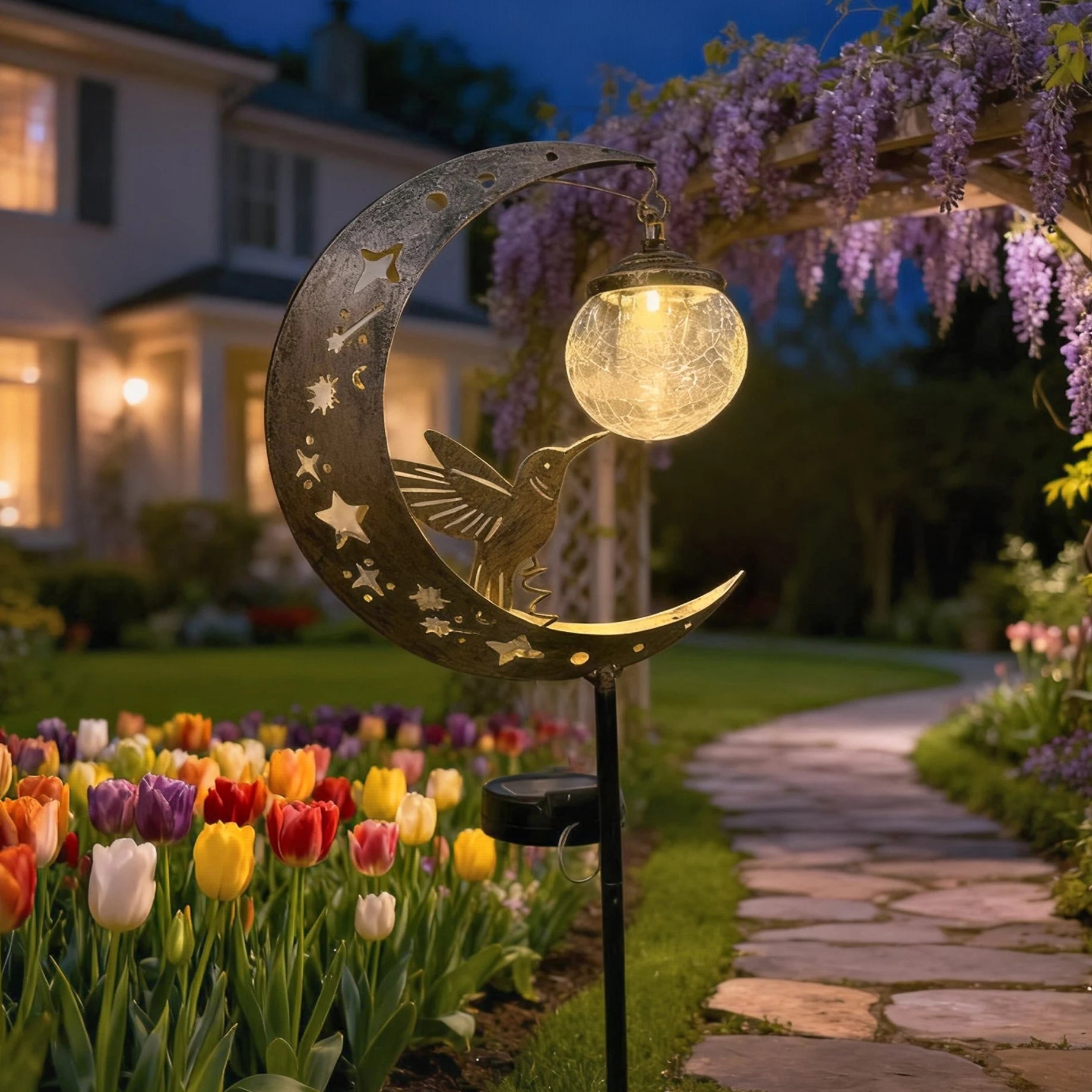 Solar-powered Moon-shaped Ground Light with Hummingbird and Glass Ball Decorations, Suitable for Outdoor Patio Decoration and Ho