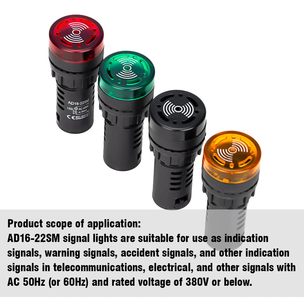 AD16-22SM 22mm Panel Diameter AC DC 12V 24V 110V 220V Flash Signal Light Red LED Active Buzzer Beep Alarm Indicator Green Yellow
